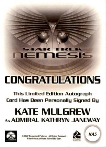 Star Trek Nemesis Trading Cards Autograph Card NA5 Kate Mulgrew Adm Janeway 