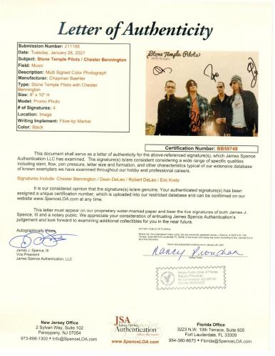 Stone Temple Pilots Band Autographed 8X10 Photo Chester Bennington JSA BB59748