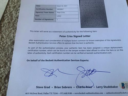 Peter Criss KISS Signed Autographed Handwritten Letter to Daughter BAS Certified