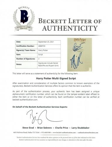 Daniel Radcliffe Rupert Grint Signed Harry Potter Chamber Secrets Script BAS COA