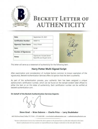 Daniel Radcliffe Rupert Grint Signed Harry Potter Sorcerers Stone Script BAS COA