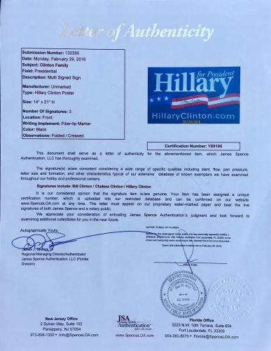 Hillary Bill & Chelsea Clinton Signed Campaign Poster Framed JSA