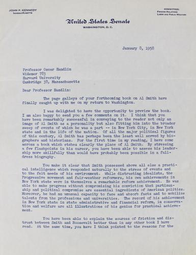 John F. Kennedy Signed 1958 2 Page Letter Discussing Al Smith BAS #A86830