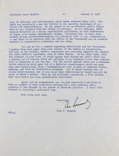 John F. Kennedy Signed 1958 2 Page Letter Discussing Al Smith BAS #A86830
