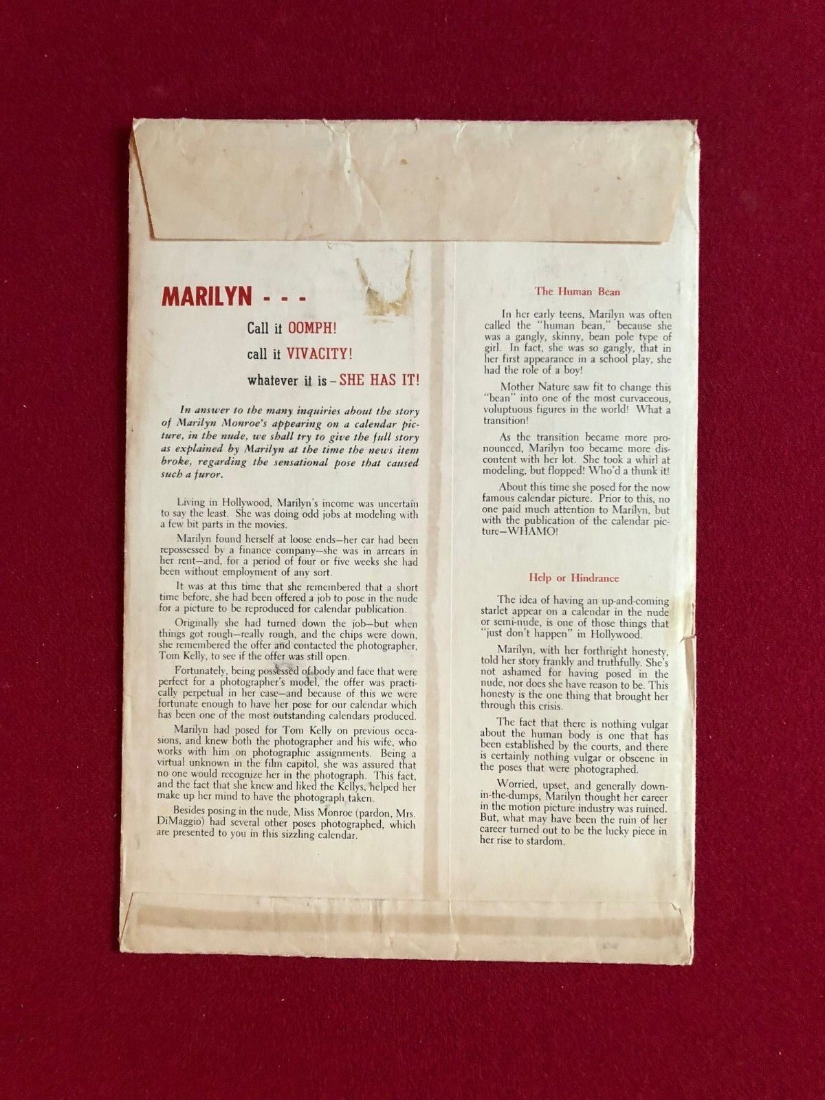 1954, Marilyn Monroe, (4Photo) Calendar w/ Original Envelope" (Scarce)
