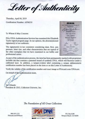 elizabeth taylor psa dna coa hand
