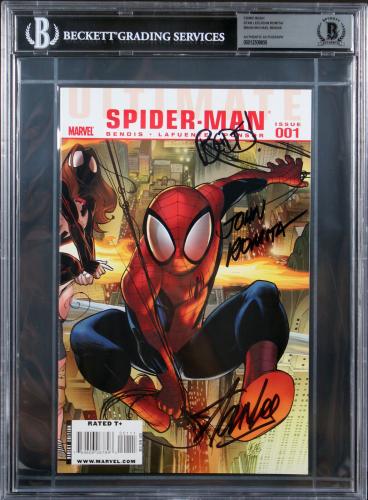 (3) Stan Lee, Romita, & Bendis Signed Ultimate Spider-Man #001 Comic BAS Slabbed