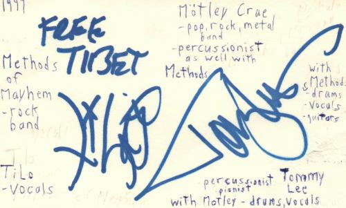Tommy Lee Drummer Moetley Crue Rock Music Autographed Signed Index Card JSA COA