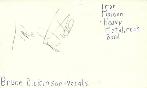 Bruce Dickinson Vocals Iron Maiden Rock Band Music Signed Index Card JSA COA
