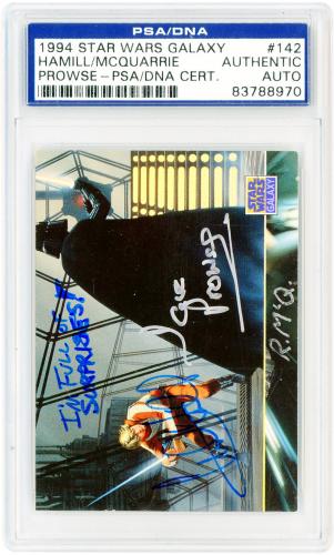 Mark Hamill, David Prowse and Ralph McQuarrie Star Wars Autographed 1994 Topps Galaxy #142 PSA Authenticated Card with "I'm Full of Surprises" Inscription