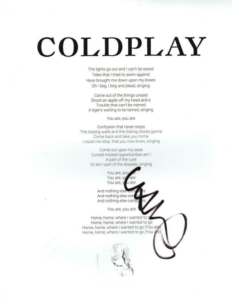 Chris Martin Coldplay Signed Clocks Lyric Sheet Authentic Autogarph Coa