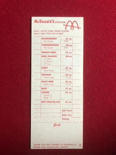 1960's, McDonald's, "Un-Used" Order Sheet (Slash Logo) Scarce