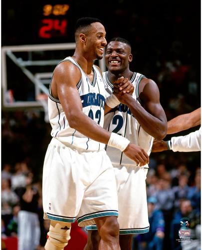 Alonso Mourning Charlotte Hornets Unsigned Smiling with Larry Johnson Photograph