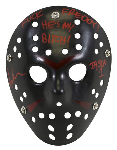Ari Lehman Friday The 13th "F*** Freddy!" Signed Black Jason Mask BAS Witnessed