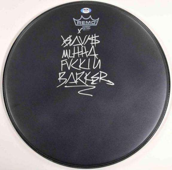 Blink 182 Travis Mutha F* Barker full name autograph signed 16" drumhead PSA COA