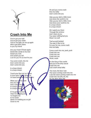 Boyd Tinsley Signed Dave Matthews Band Crash Into Me Lyric Sheet Autograph