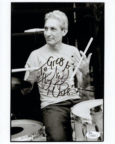 CHARLIE WATTS HAND SIGNED 8x10 PHOTO     THE ROLLING STONES      TO GREG    JSA
