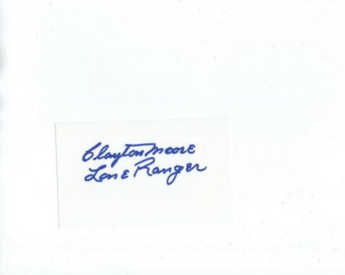 CLAYTON MOORE HAND SIGNED 3x5 CARD+COA          SIGNED IN BLUE       LONE RANGER