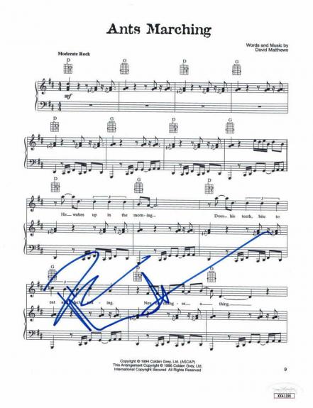Dave Matthews Signed Autograph "ants Marching" Sheet Music - Band Very Rare! Jsa