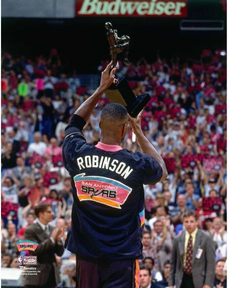 David Robinson San Antonio Spurs Unsigned Raising Up 1994-95 MVP Trophy Towards Crowd Photograph