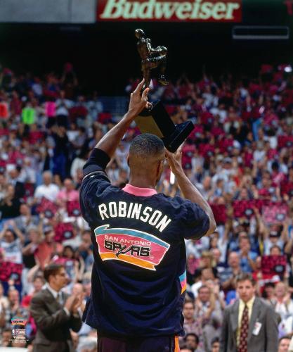 David Robinson San Antonio Spurs Unsigned Raising Up 1994-95 MVP Trophy Towards Crowd Photograph