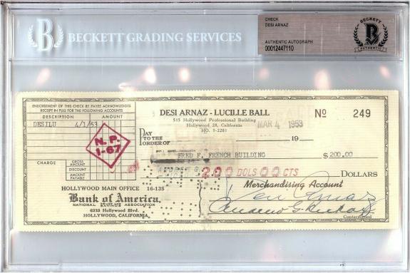 Desi Arnaz Signed Autographed Personal Check I Love Lucy #249 1953 Beckett BGS