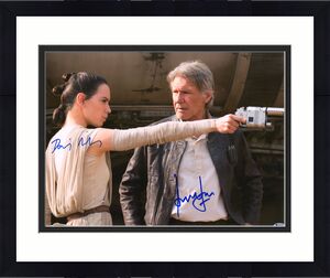 Harrison Ford & Daisy Ridley Star Wars Autographed 16" x 20" Holding Blaster Photograph - BAS