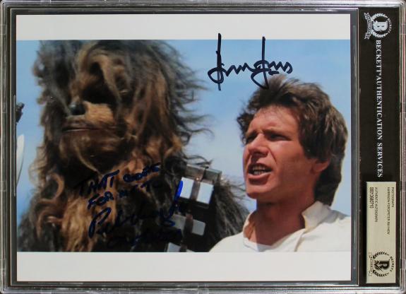 Harrison Ford & Peter Mayhew Star Wars Signed 8x10 Photo BAS Slabbed