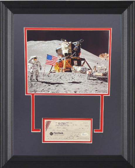 James/Jim Irwin signed 1990 Cancelled Bank Check w/ Photo w/ Matted w/ Custom Framing 14x18- JSA (NASA Apollo 15 Astronaut)