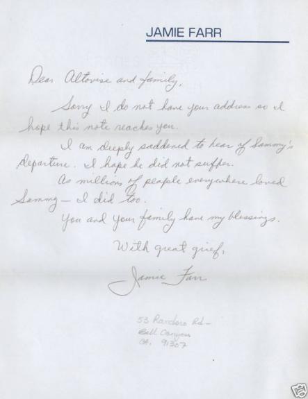 Jamie Farr Signed Hand Written Letter Sammy Davis Jr PSA/DNA COA Mash Rat Pack