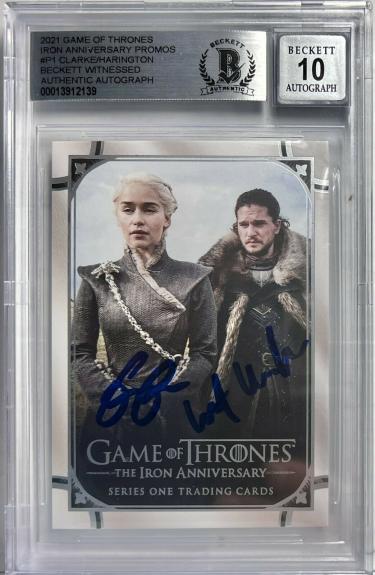 Kit Harington Emilia Clarke Signed Game of Thrones Card #P1 BAS Witness Grade 10