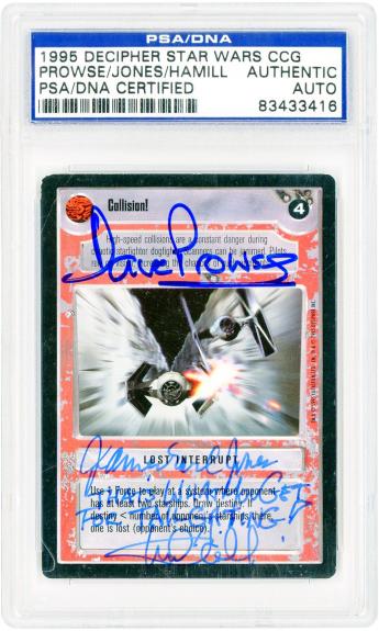 Mark Hamill, James Earl Jones, and David Prowse Star Wars Autographed 1995 # PSA Authenticated Card with "That's What You Get for Tailgating" Inscription