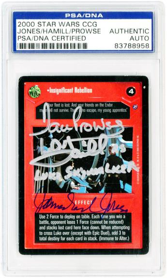 Mark Hamill, James Earl Jones, and David Prowse Star Wars Autographed 2000 Decipher PSA Authenticated Card with "Luke" Inscription