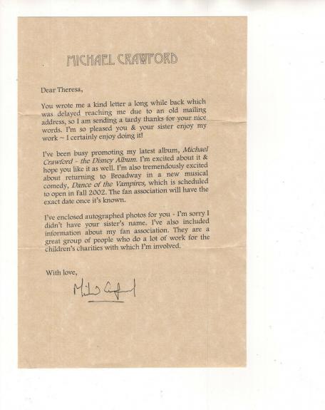 MICHAEL CRAWFORD HAND SIGNED 5x8 TYPED LETTER+COA           PHANTOM OF THE OPERA
