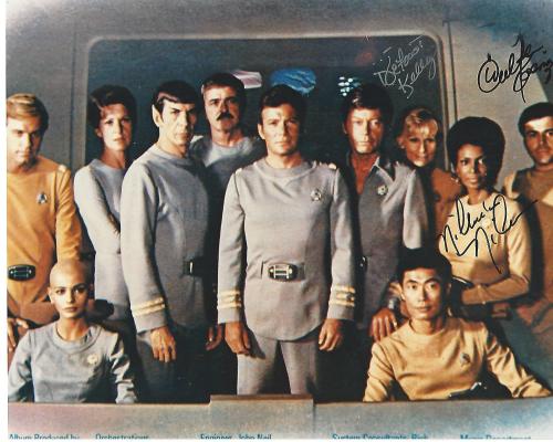 NICHELLE NICHOLS as UHURA, WALTER KOENIG as PAUL CHEKOV, and DEFOREST KELLEY as DR. LEONARD MCCOY in "STAR TREK" (DEFOREST Passed Away 1999) Signed by All Three 10x8 Color Photo