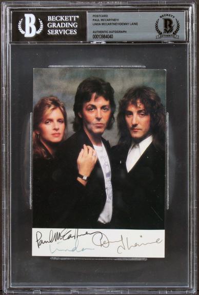 Paul McCartney, Linda McCartney & Denny Laine Signed 4.25x5.75 Postcard BAS Slab