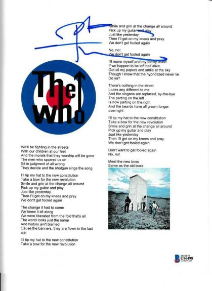 Pete Townshend Signed The Who Won't Get Fooled Again Lyric Sheet Autograph Bas