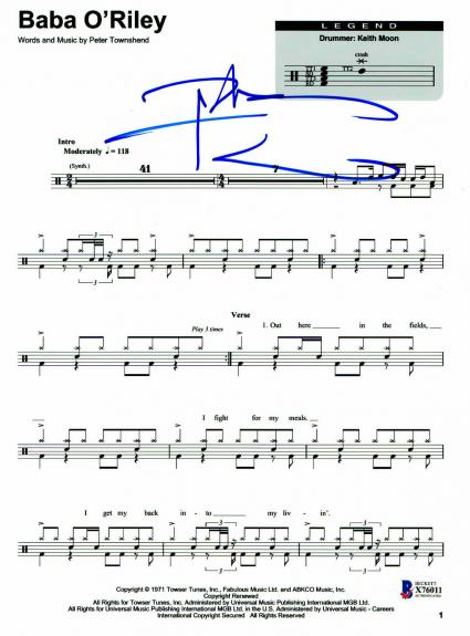 Pete Townshend The Who Baba O'riley Lyric Music Sheet Autograph Beckett Coa 4