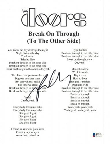 Robby Krieger Signed The Doors BREAK ON THROUGH Song Lyric Sheet Beckett BAS COA