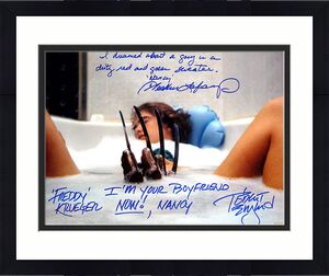 Robert Englund "Freddy Krueger" & Heather Langenkamp "Nancy" Signed Bathtub 16x20 Photo "I'm your Boyfriend Now Nancy" & "I Dreamed About a Guy In a Green and Red Sweater" Inscription