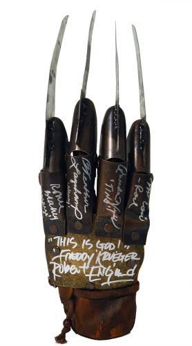 Robert Englund, Heather Langenkamp, Ronee Blakley, Amanda Wyss & Nick Corri Nightmare On Elm Street Cast Autographed Freddy Krueger "This Is God" Metal Glove