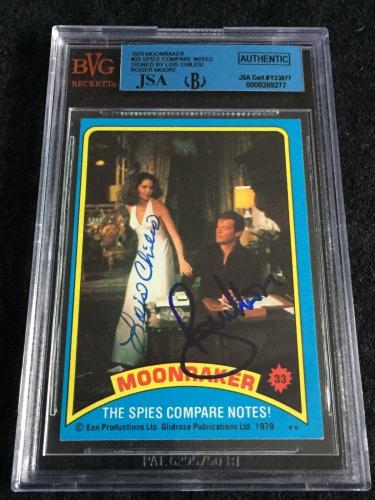 Roger Moore & Lois Chiles Signed 1979 James Bond Moonraker Card Jsa/bvs Bgs