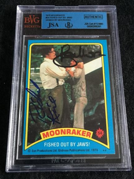 Roger Moore & Richard Kiel Signed 1979 James Bond Moonraker Card #54 Jsa/bvs Bgs