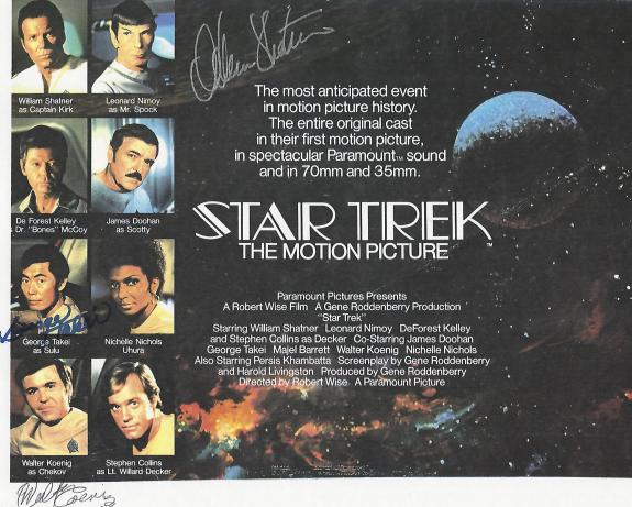 STAR TREK" Signed by WILLIAM SHATNER as CAPTAIN KIRK, GEORGE TAKEI as SULU, and WALTER KOENIG as CHEKOV - 11x8.5 Color Paper Thin