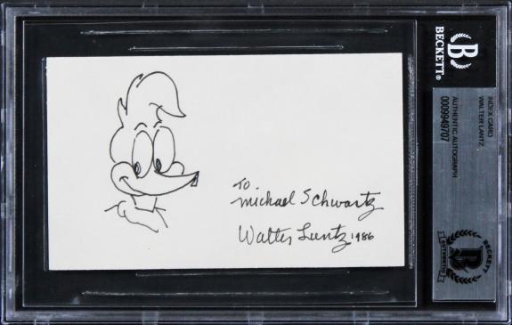 Walter Lantz Signed 3x5 Index Card w/ Woody Woodpecker Sketch BAS Slabbed