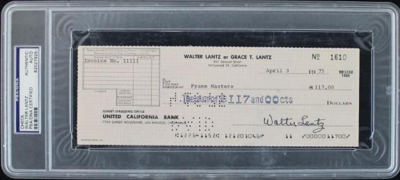 Walter Lantz Woody Woodpecker Signed 1975 Check PSA/DNA Slabbed