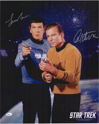 William Shatner & Leonard Nimoy Autographed 16" x 20" Point with Space Background Photograph - JSA